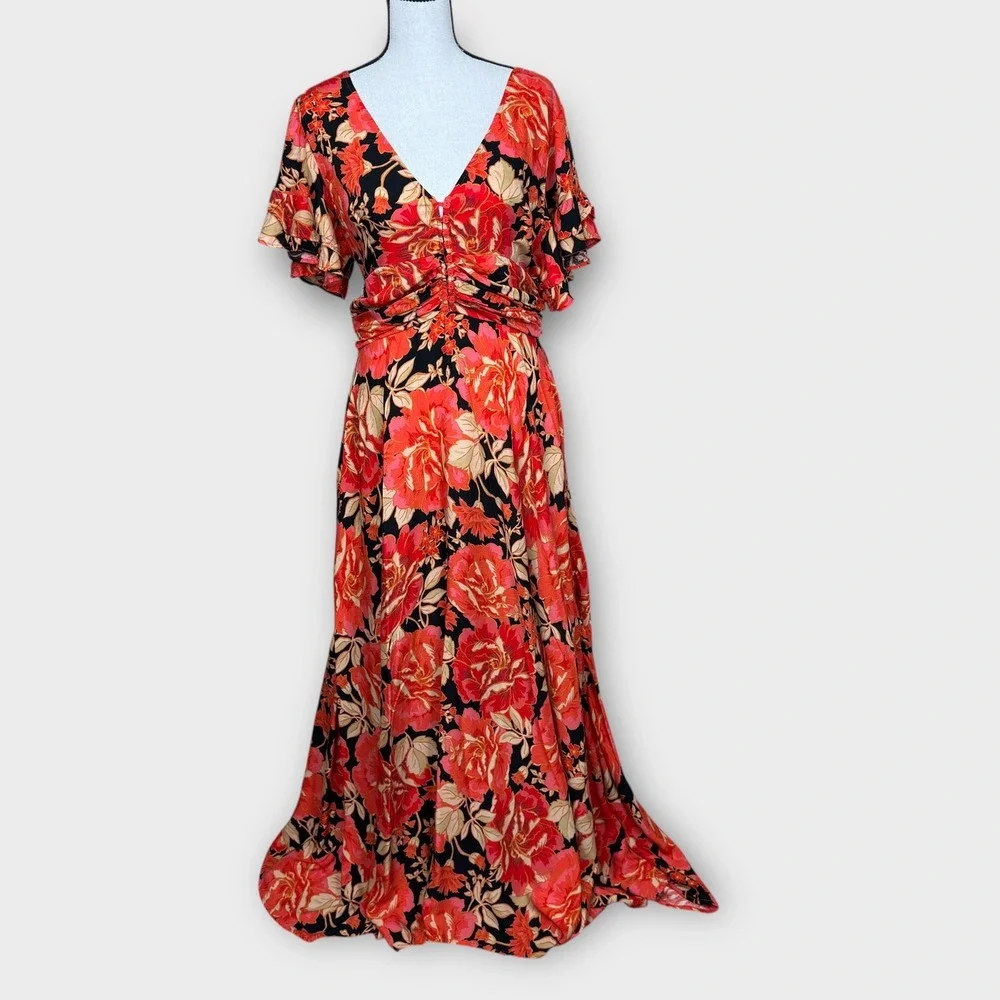 Anthropologie NWT Abel the Label‎ Maxi Dress S Red Floral Smocked Waist Ruffle